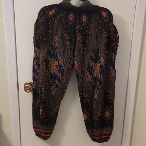 Floral Patterned Black and Pink Women's Pants